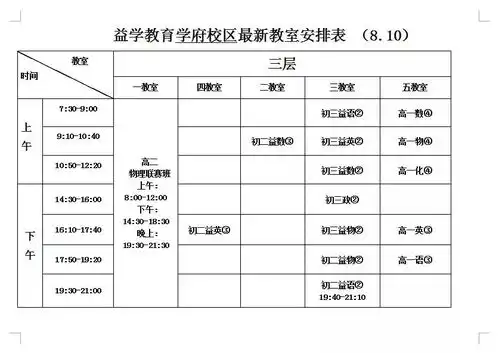 益学教育学府校区最新教室安排表