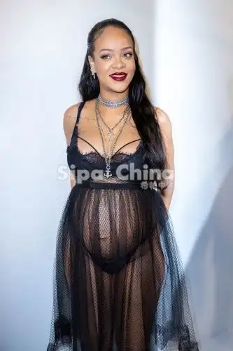 组图蕾哈娜挺孕肚巴黎观秀黑色透视纱裙穿搭大胆超抢镜