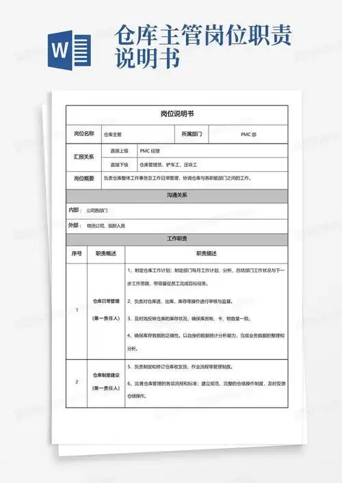 仓库主管岗位职责说明书word模板下载编号qjmxjbog熊猫办公